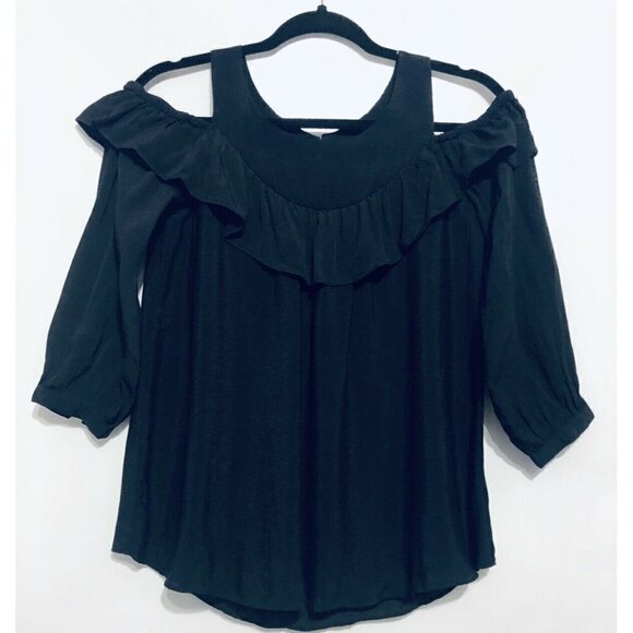 Anthropologie Maeve Womens Size 2 Mavra Black Cold Shoulder Ruffle Blouse Boho - Picture 2 of 5